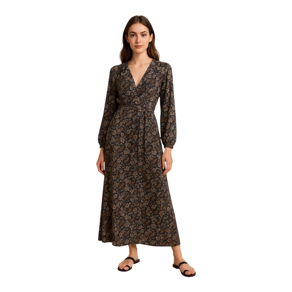 Natural Life Paisley Floral Full Button Front Peasant Style Maxi Dress XS NWT
